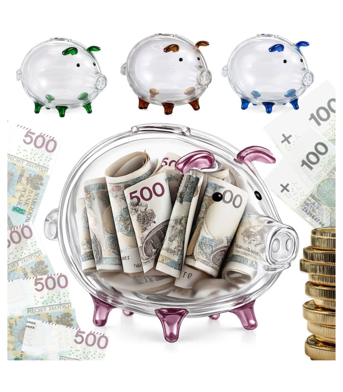SKARBONKA ŚWINKA SZKLANA DUŻA PRZEŹROCZYSTA NA MONETY BANKNOTY NA PREZENT